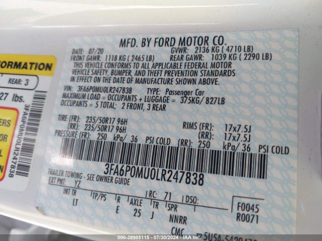 3FA6P0MU0LR247838 Ford Fusion Hybrid Sel