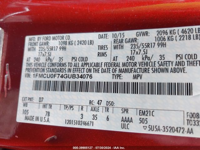 1FMCU0F74GUB34076 Ford ESCAPE S