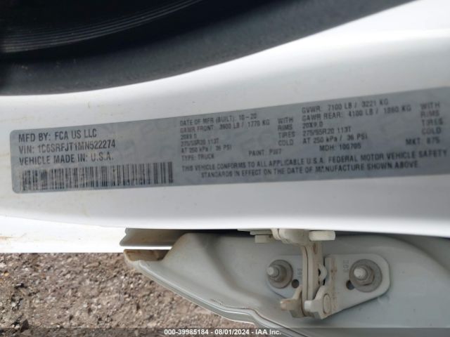 1C6SRFJT1MN522274 RAM 1500 Laramie  4x4 5'7 Box