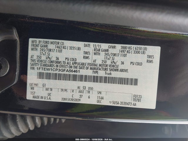 Продажа на аукционе авто 2016 Ford F-150 Xlt, vin: 1FTEW1CP3GFA56461, номер лота: 39985324