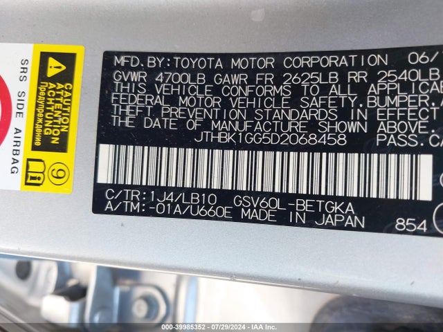 39985352 :رقم المزاد ، JTHBK1GG5D2068458 vin ، 2013 Lexus Es 350 مزاد بيع