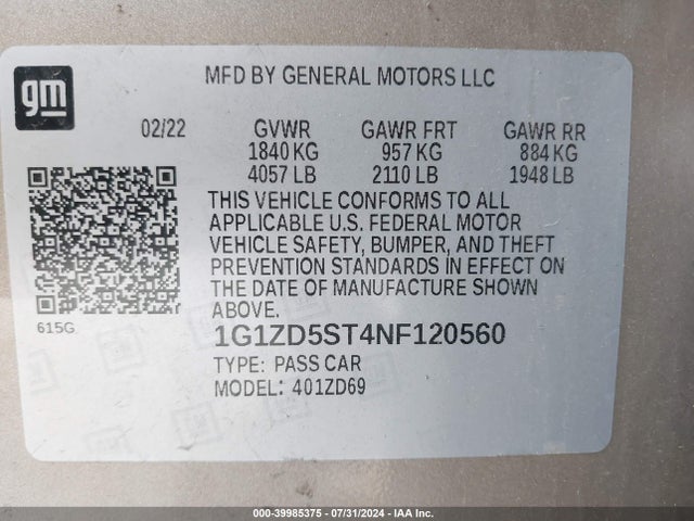 1G1ZD5ST4NF120560 Chevrolet Malibu Fwd Lt
