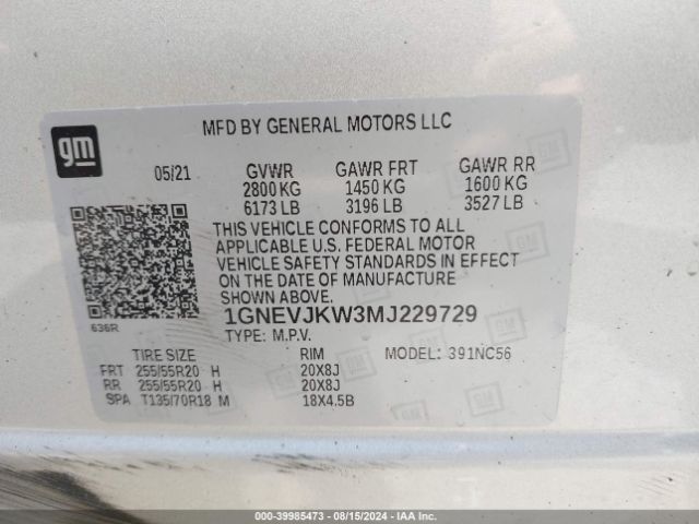 1GNEVJKW3MJ229729 Chevrolet Traverse Awd Rs