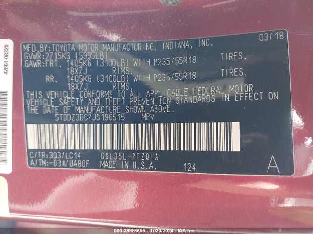 Toyota Sienna Xle 7 Passenger 2018 5TDDZ3DC7JS196515 Image 9