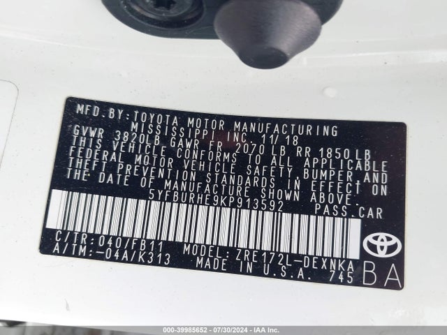 Toyota COROLLA LE 2019 5YFBURHE9KP913592 Image 9