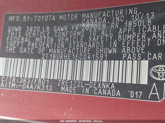 Toyota COROLLA LE 2014 2T1BURHE1EC041591 Image 9