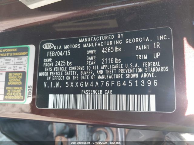 5XXGM4A76FG451396 KIA Optima Lx