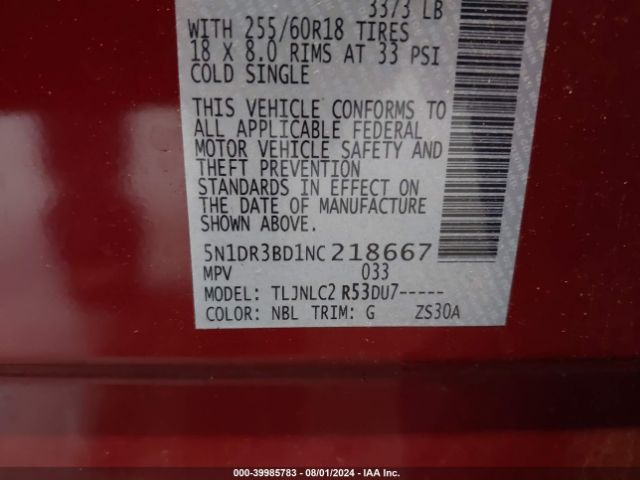 5N1DR3BD1NC218667 Nissan Pathfinder Sv 4wd