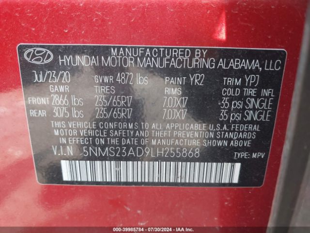 5NMS23AD9LH255868 Hyundai Santa Fe Se