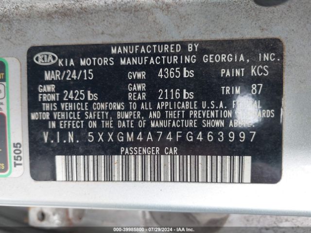 5XXGM4A74FG463997 KIA Optima Lx