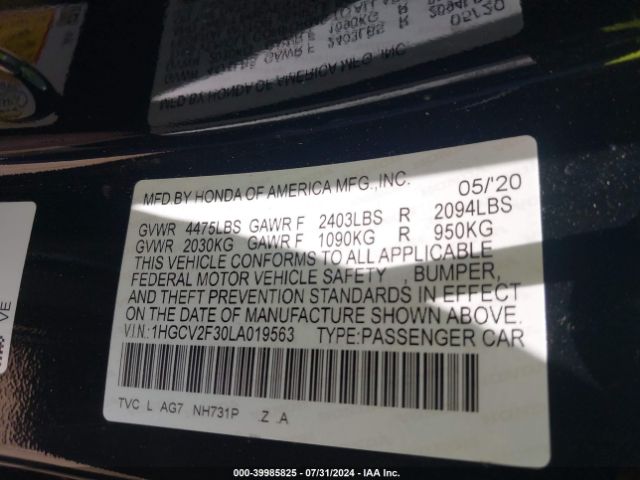 1HGCV2F30LA019563 Honda Accord Sport 2.0t