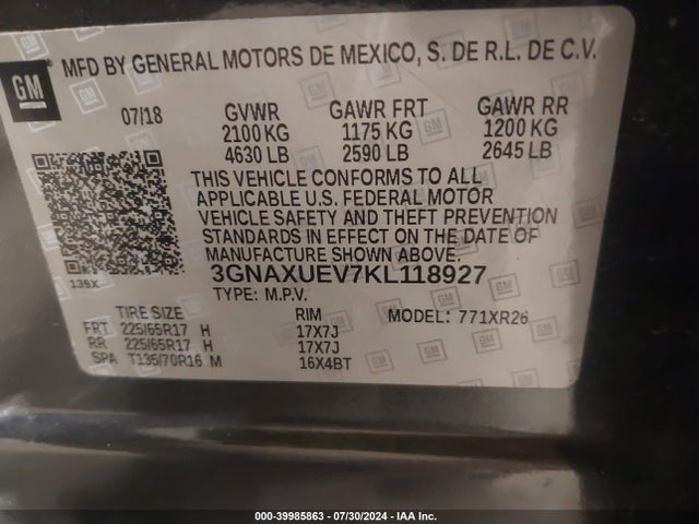 Продаж на аукціоні авто 2019 Chevrolet Equinox Lt, vin: 3GNAXUEV7KL118927, номер лоту: 39985863