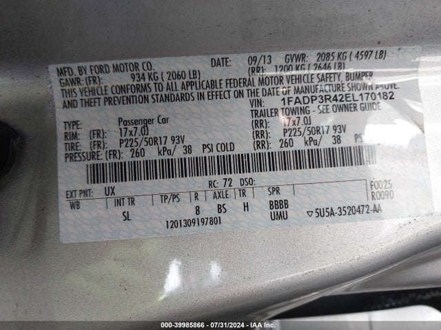 Ford FOCUS ELECTRIC 2014 1FADP3R42EL170182 Image 9