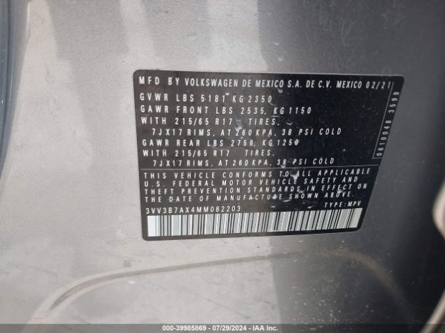 3VV3B7AX4MM082203 Volkswagen Tiguan 2.0t Se/2.0t Se R-line Black/2.0t Sel