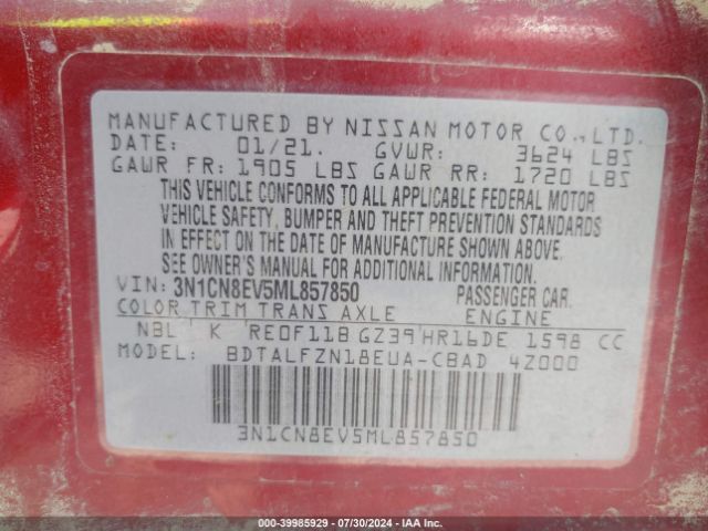 3N1CN8EV5ML857850 Nissan Versa Sv Xtronic Cvt