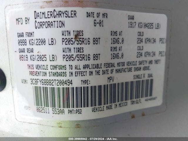 Aukcja sprzedaży 2002 Chrysler Pt Cruiser Limited, vin: 3C8FY68B82T200494, numer aukcji: 39985942