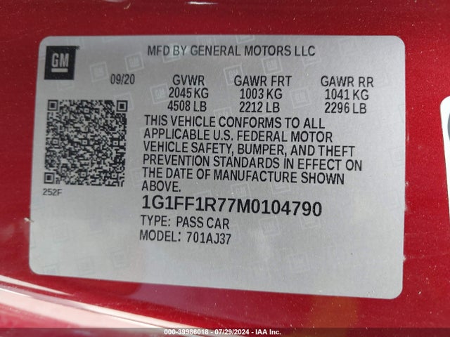1G1FF1R77M0104790 Chevrolet Camaro Rwd  1ss