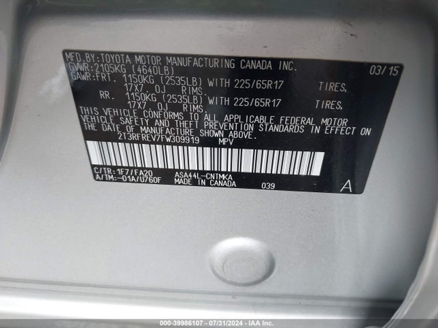 Toyota Rav4 Xle 2015 2T3RFREV7FW309919 Image 9
