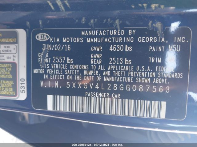 5XXGV4L28GG087563 KIA Optima Sxl Turbo