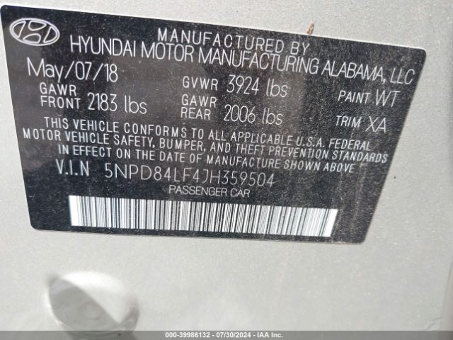 5NPD84LF4JH359504 Hyundai ELANTRA SEL