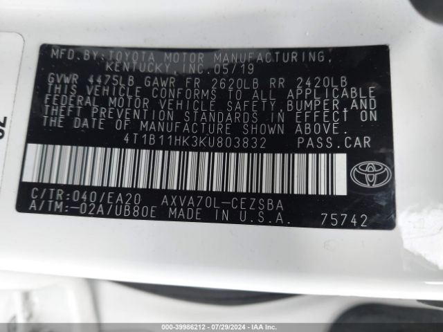 4T1B11HK3KU803832 Toyota CAMRY SE