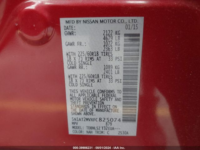 5N1AT2MVXFC825074 Nissan Rogue Sl