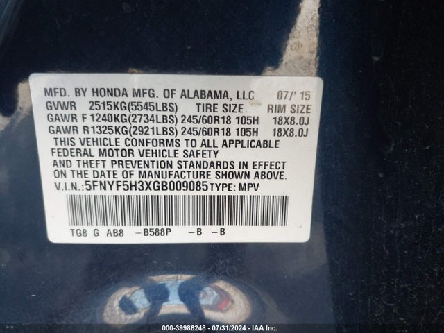 Honda Pilot Ex 2016 5FNYF5H3XGB009085 Image 9