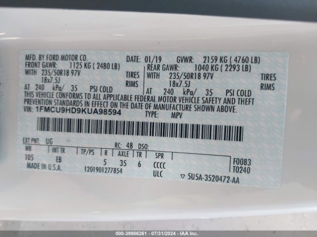1FMCU9HD9KUA98594 Ford ESCAPE SEL