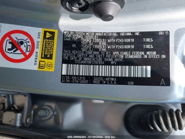 5TDJKRFH9FS197854 Toyota Highlander Xle V6