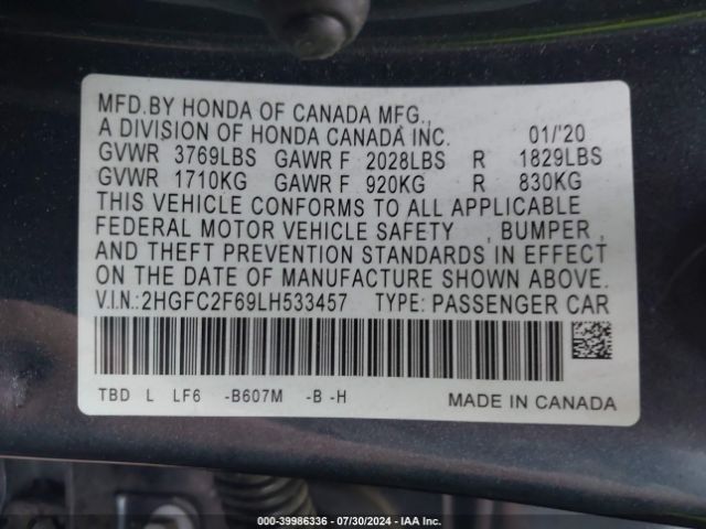 2HGFC2F69LH533457 Honda Civic Lx