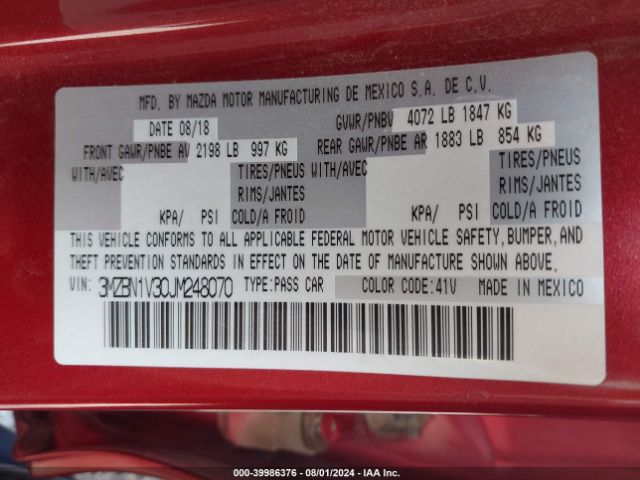 3MZBN1V30JM248070 Mazda Mazda3 Touring