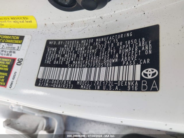 Toyota COROLLA LE 2015 5YFBURHE7FP305186 Image 9