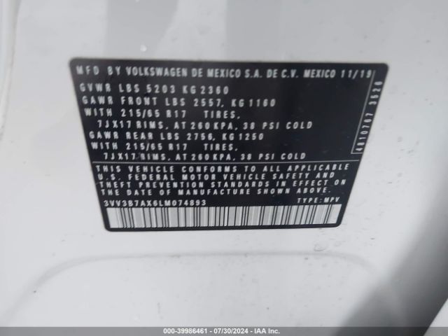 3VV3B7AX6LM074893 Volkswagen Tiguan 2.0t Se/2.0t Se R-line Black/2.0t Sel
