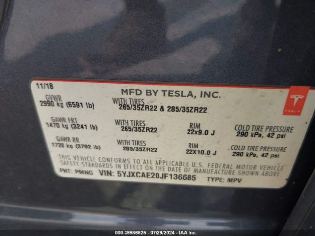 5YJXCAE20JF136685 Tesla Model X 100d/75d/p100d
