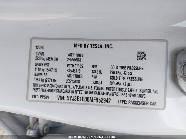 2021 TESLA MODEL 3 5YJ3E1EB6MF852942 Photo 8