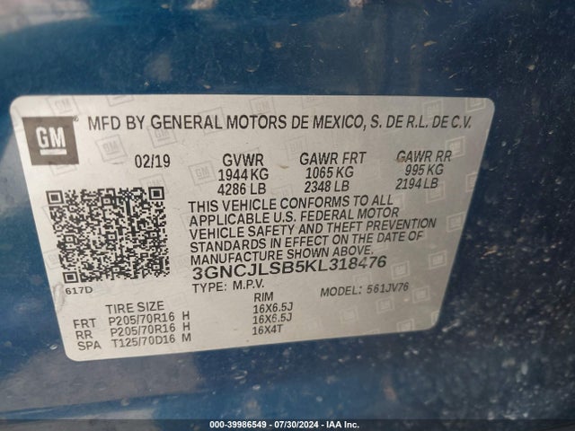 Chevrolet Trax Lt 2019 3GNCJLSB5KL318476 Image 9