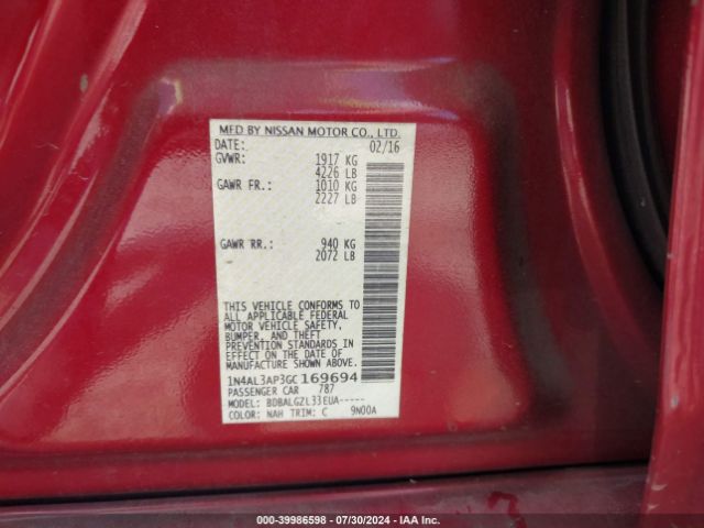 1N4AL3AP3GC169694 Nissan Altima 2.5/2.5 S/2.5 Sl/2.5 Sr/2.5 Sv