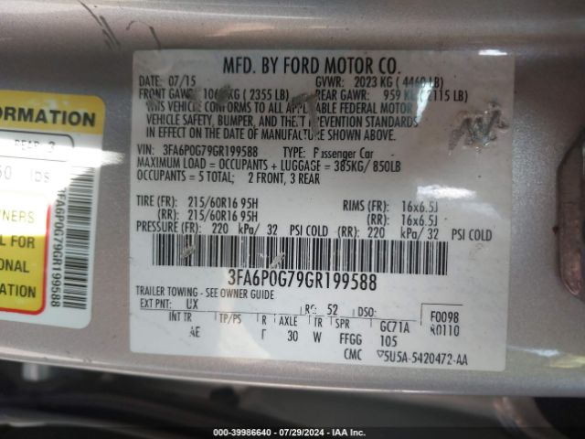 3FA6P0G79GR199588 Ford FUSION S