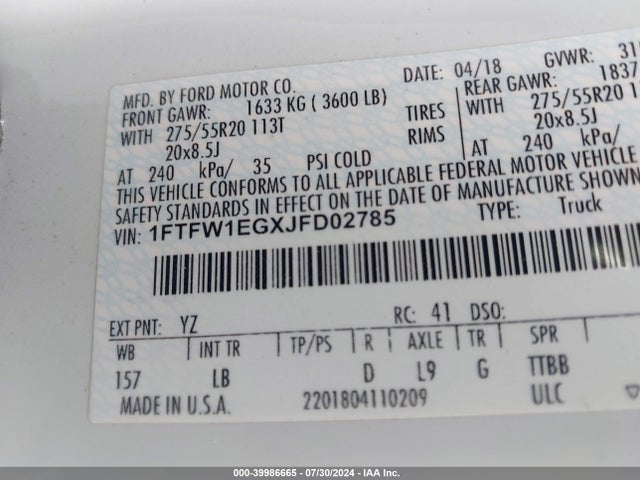 Ford F-150 Lariat 2018 1FTFW1EGXJFD02785 Image 9