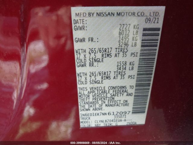 1N6ED1EK7NN612097 Nissan Frontier Sv 4x4