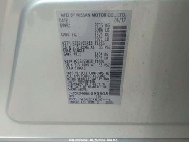 5N1DR2MN9HC696808 Nissan Pathfinder Sv