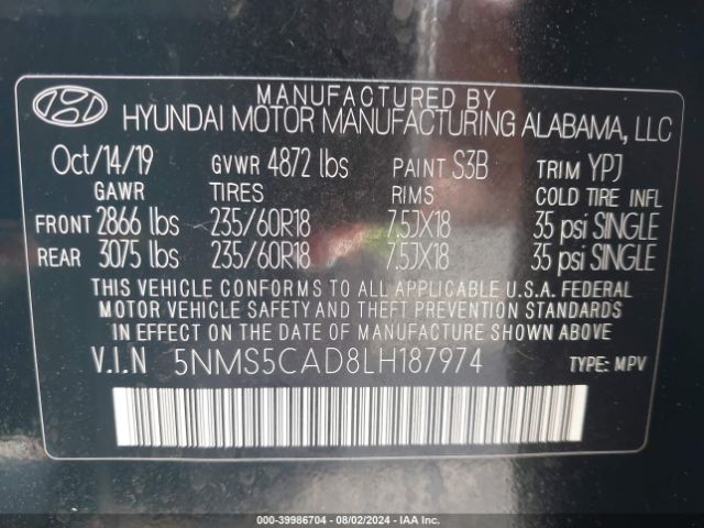 5NMS5CAD8LH187974 Hyundai Santa Fe Limited