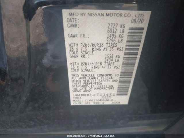 1N6ED0EB2LN711451 Nissan Frontier Sv 4x4