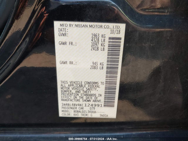 Nissan Altima 2.5 S 2019 1N4BL4BV4KC124991 Image 9