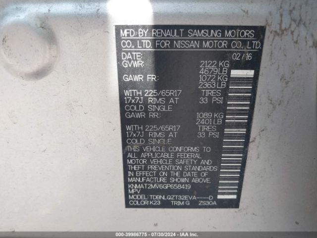 KNMAT2MV6GP658419 Nissan ROGUE SV