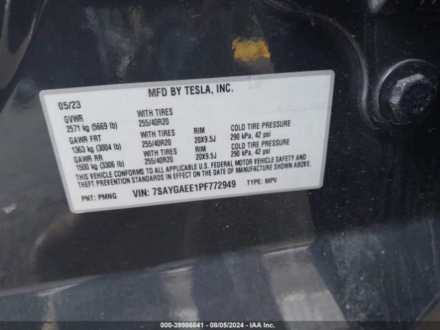 7SAYGAEE1PF772949 Tesla Model Y Awd/long Range Dual Motor All-wheel Drive
