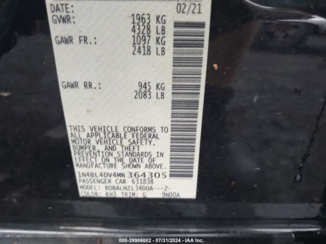 1N4BL4DV4MN364305 Nissan Altima Sv Fwd