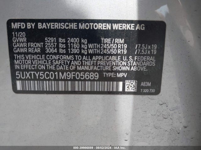 BMW X3 Xdrive30i 2021 5UXTY5C01M9F05689 Image 9
