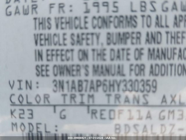 3N1AB7AP6HY330359 Nissan SENTRA SV