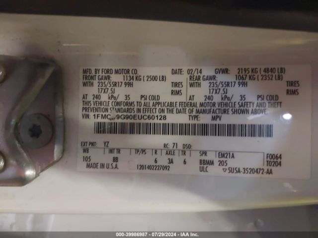 1FMCU9G90EUC60128 Ford ESCAPE SE